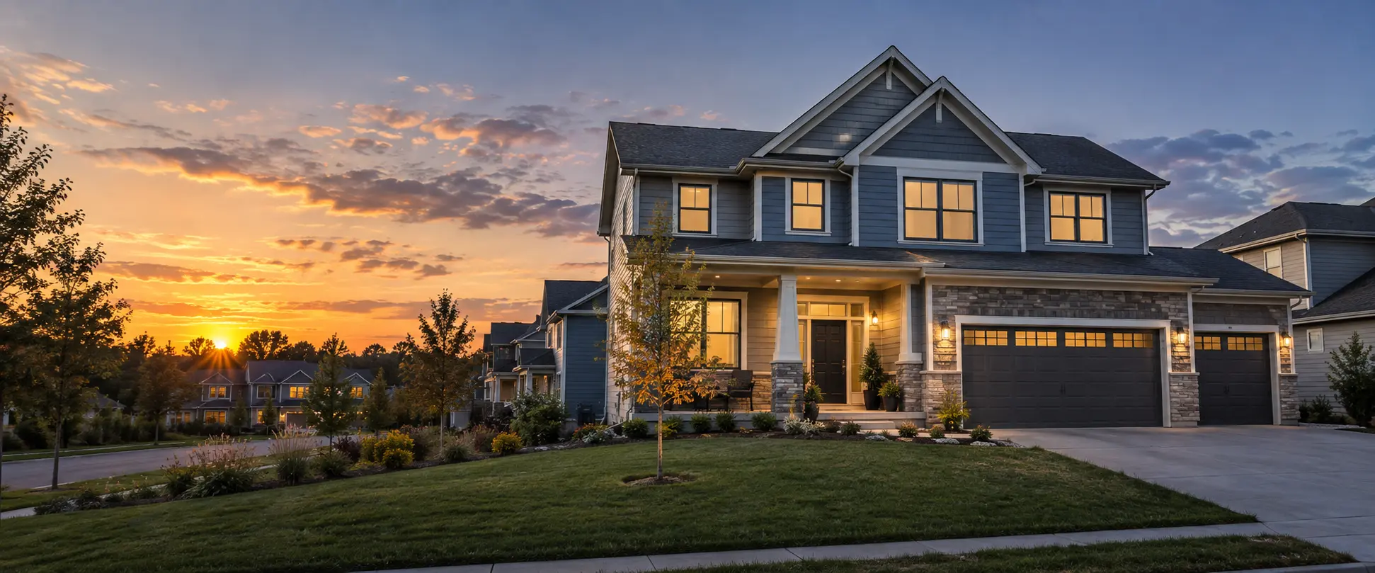 Minnesota suburban home at sunset