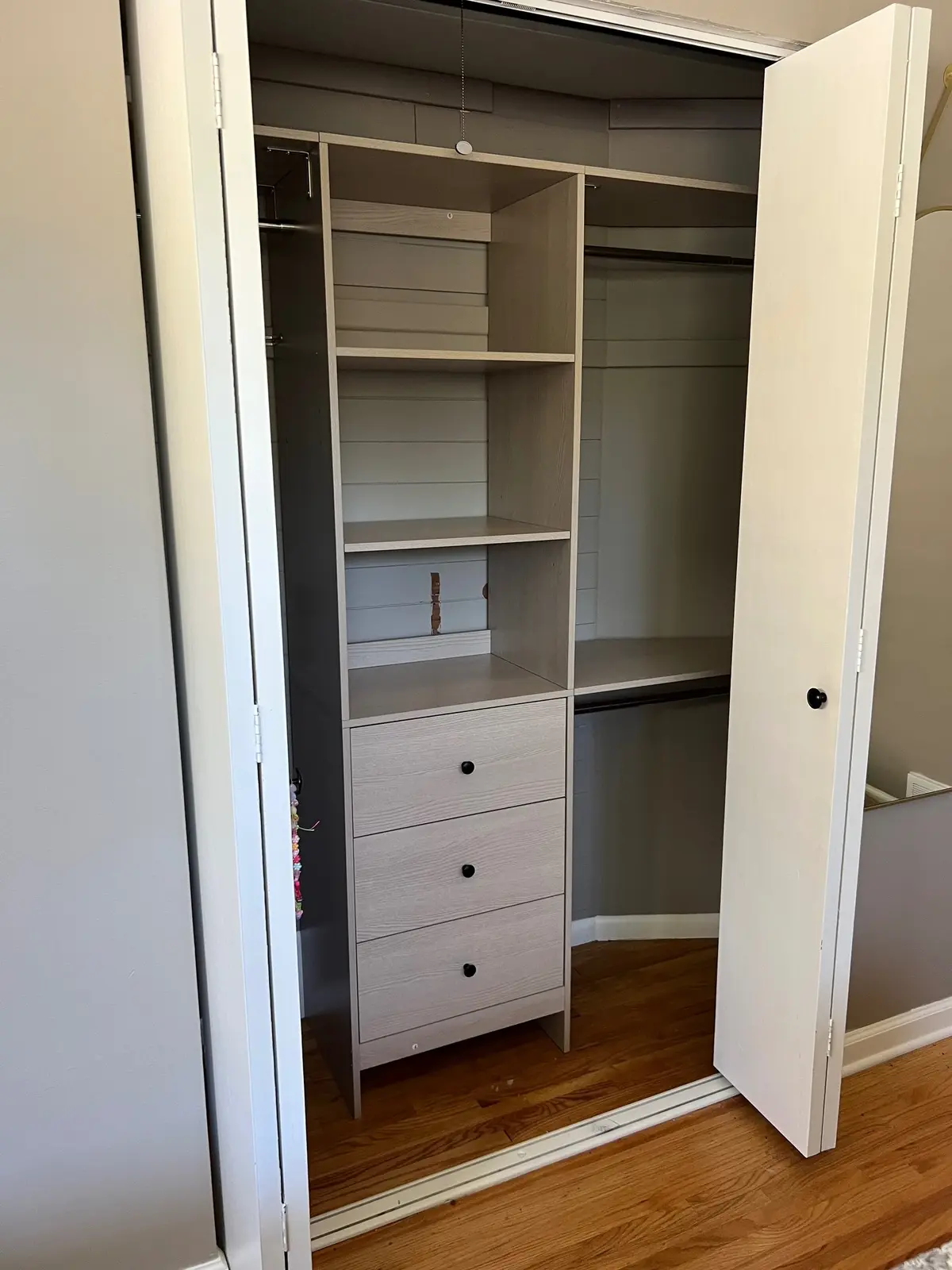 Completed custom closet shelving and drawers